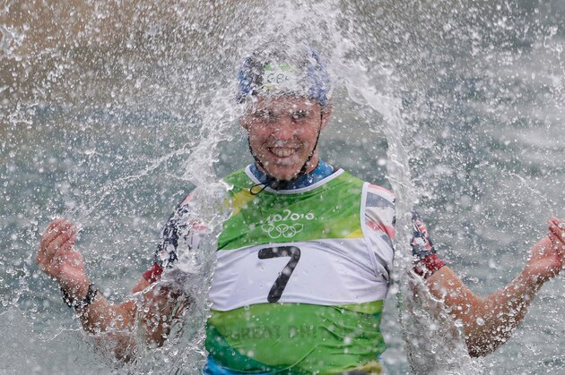 RIO DE JANEIRO, BRAZIL - AUGUST 10:  Joseph Clarke of Great Britain celebrates after winning gold in the Kayak (K1) Men's Final on Day 5 of the Rio 2016 Olympic Games at Whitewater Stadium on August 10, 2016 in Rio de Janeiro, Brazil.  (Photo by Jamie Squire/Getty Images)
