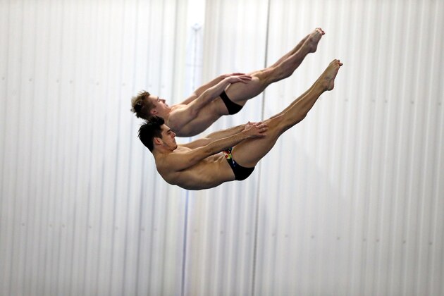 LEEDS, ENGLAND - JUNE 17:  Jack Laugher (R) and Chris Mears of Britain practice during the Announcement of Diving Athletes Named in Team GB for the Rio 2016 Olympic Games at the John Charles Centre on June 17, 2016 in Leeds, England.  (Photo by Nigel Roddis/Getty Images)