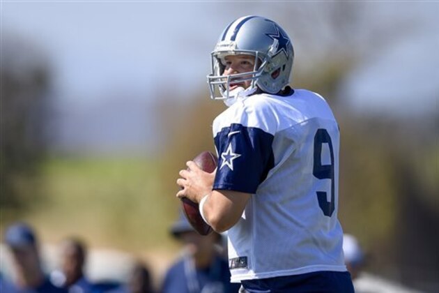 Dallas Cowboys quarterback Tony Romo looks for the open man during Dallas Cowboys' NFL football training camp, Monday, Aug. 1, 2016, in Oxnard, Calif. (AP Photo/Gus Ruelas)