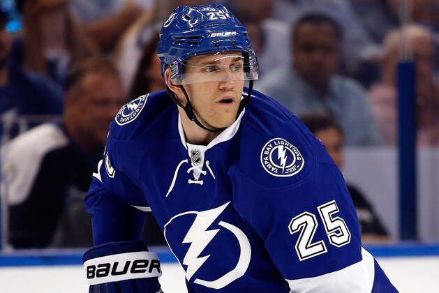 May 20, 2016; Tampa, FL, USA; Tampa Bay Lightning defenseman Matt Carle (25) skates against the Pittsburgh Penguins during the second period of game four of the Eastern Conference Final of the 2016 Stanley Cup Playoffs at Amalie Arena. Mandatory Credit: Kim Klement-USA TODAY Sports