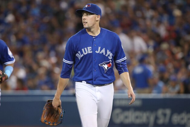 TORONTO, CANADA - JULY 31: Aaron Sanchez #41 of the Toronto Blue Jays walks off the mound at the end of the fifth inning during MLB game action against the Baltimore Orioles on July 31, 2016 at Rogers Centre in Toronto, Ontario, Canada. (Photo by Tom Szczerbowski/Getty Images)