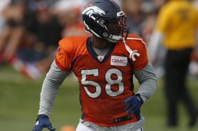 Denver Broncos outside linebacker Von Miller (58) takes part in drills during the team's NFL football training camp Thursday, Aug. 4, 2016 in Englewood, Colo. (AP Photo/David Zalubowski)