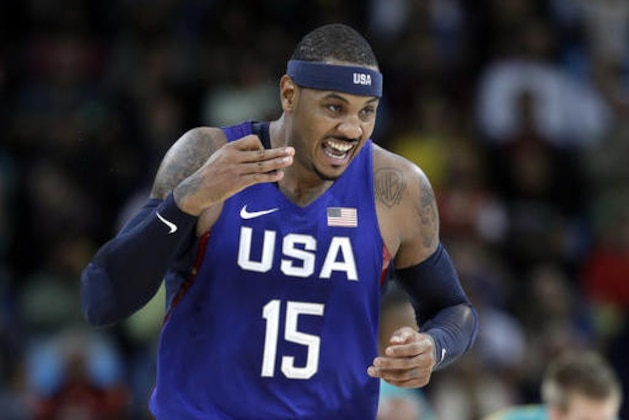United States' Carmelo Anthony (15) reacts to a score against Australia during a men's basketball game at the 2016 Summer Olympics in Rio de Janeiro, Brazil, Wednesday, Aug. 10, 2016. (AP Photo/Eric Gay)