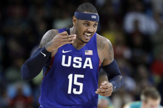 United States' Carmelo Anthony (15) reacts to a score against Australia during a men's basketball game at the 2016 Summer Olympics in Rio de Janeiro, Brazil, Wednesday, Aug. 10, 2016. (AP Photo/Eric Gay)