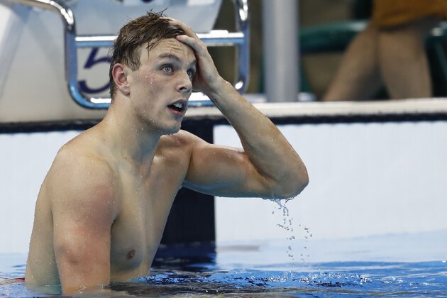 Australia's Kyle Chalmers reacts after he won the Men's 100m Freestyle Final during the swimming event at the Rio 2016 Olympic Games at the Olympic Aquatics Stadium in Rio de Janeiro on August 10, 2016.   / AFP / Odd Andersen        (Photo credit should read ODD ANDERSEN/AFP/Getty Images)
