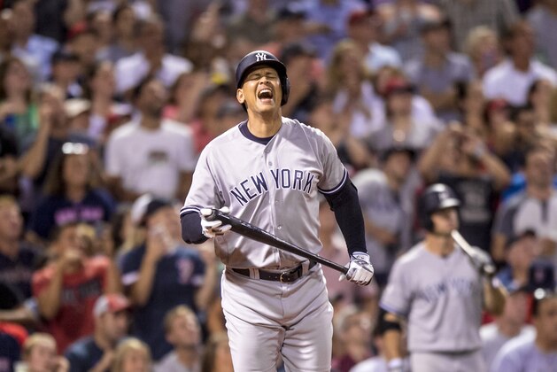 BOSTON, MA - AUGUST 10: Alex Rodriguez #13 of the New York Yankees reacts as he flies out during a pinch-hit appearance during the seventh inning of a game against the Boston Red Sox on August 10, 2016 at Fenway Park in Boston, Massachusetts. (Photo by Billie Weiss/Boston Red Sox/Getty Images)