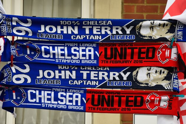 LONDON, ENGLAND - FEBRUARY 07:  Scarves for sale prior to the Barclays Premier League match between Chelsea and Manchester United at Stamford Bridge on February 7, 2016 in London, England.  (Photo by Mike Hewitt/Getty Images)