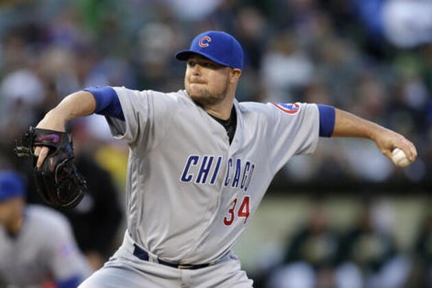 Chicago Cubs pitcher Jon Lester works against the Oakland Athletics during the first inning of a baseball game Friday, Aug. 5, 2016, in Oakland, Calif. (AP Photo/Ben Margot)