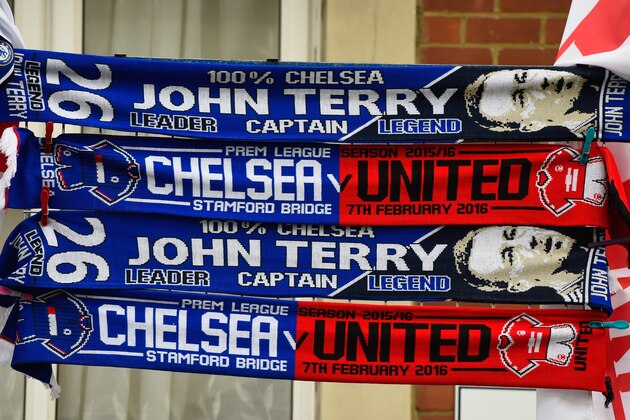 LONDON, ENGLAND - FEBRUARY 07:  Scarves for sale prior to the Barclays Premier League match between Chelsea and Manchester United at Stamford Bridge on February 7, 2016 in London, England.  (Photo by Mike Hewitt/Getty Images)