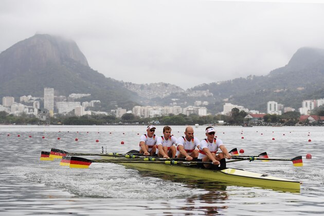 RIO DE JANEIRO, BRAZIL - AUGUST 08:  Philipp Wende of Germany, Lauritz Schoof of Germany, Karl Schulze of Germany and Hans Gruhne of Germany compete in the Men's Quadruple Sculls Repechage 1 on Day 3 of the Rio 2016 Olympic Games at the Lagoa Stadium on August 8, 2016 in Rio de Janeiro, Brazil.  (Photo by Matthias Hangst/Getty Images)