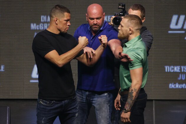 LAS VEGAS, NV - JULY 07: (L to R) Nate Diaz and Conor McGregor face off at the UFC 202 press conference at the T-Mobile Arena on July 7, 2016 in Las Vegas, Nevada. (Photo by Ed Mulholland/Zuffa LLC/Zuffa LLC via Getty Images)