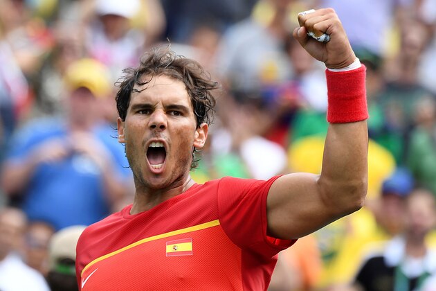 Spain's Rafael Nadal reacts after winning his men's singles third round tennis match against France's Gilles Simon at the Olympic Tennis Centre of the Rio 2016 Olympic Games in Rio de Janeiro on August 11, 2016.
Nadal won the match 7-6(5), 6-3. / AFP / Martin BERNETTI        (Photo credit should read MARTIN BERNETTI/AFP/Getty Images)