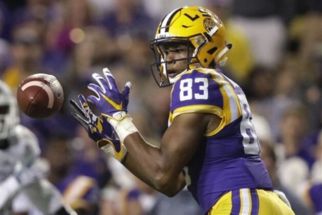 LSU wide receiver Travin Dural (83) drops a pass on third down deep in Eastern Michigan territory in the first half of an NCAA college football game in Baton Rouge, La., Saturday, Oct. 3, 2015. (AP Photo/Gerald Herbert)