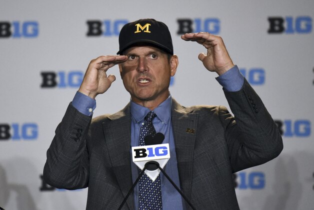 Jul 25, 2016; Chicago, IL, USA;  Michigan Wolverines head coach Jim Harbaugh addresses the media during the Big Ten football media day at  the Hyatt Regency. Mandatory Credit: David Banks-USA TODAY Sports