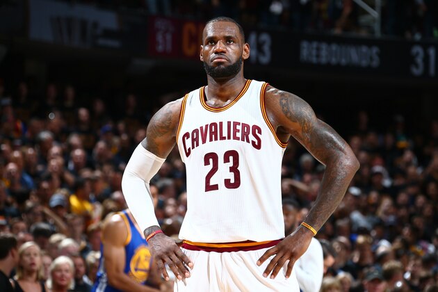 CLEVELAND, OH - JUNE 16: LeBron James #23 of the Cleveland Cavaliers is seen during the game against the Golden State Warriors in Game Six of the 2016 NBA Finals on June 16, 2016 at Quicken Loans Arena in Cleveland, Ohio.  NOTE TO USER: User expressly acknowledges and agrees that, by downloading and or using this Photograph, user is consenting to the terms and conditions of the Getty Images License Agreement. Mandatory Copyright Notice: Copyright 2016 NBAE (Photo by Nathaniel S. Butler/NBAE via Getty Images)