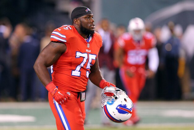 Nov 12, 2015; East Rutherford, NJ, USA; Buffalo Bills linebacker IK Enemkpali (75) warms up before a game against the New York Jets at MetLife Stadium. Mandatory Credit: Brad Penner-USA TODAY Sports