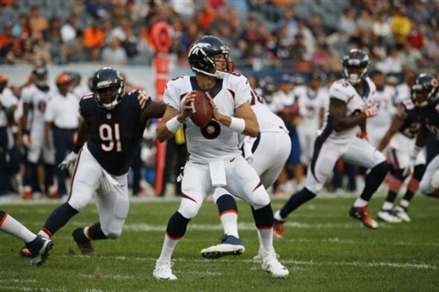 Denver Broncos quarterback Mark Sanchez (6) throws against the Chicago Bears during the first half of an NFL preseason football game in Chicago, Thursday, Aug. 11, 2016. (AP Photo/Nam Y. Huh)