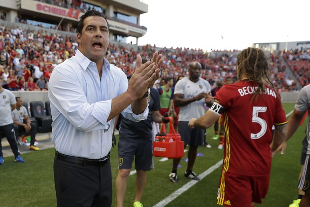 Jul 16, 2016; Sandy, UT, USA; Real Salt Lake head coach Jeff Cassar gets his team pumped prior to their game against the New England Revolution at Rio Tinto Stadium. Mandatory Credit: Jeff Swinger-USA TODAY Sports