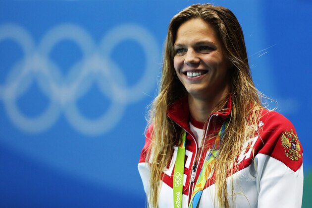 RIO DE JANEIRO, BRAZIL - AUGUST 11:  Yulia Efimova of Russia poses with her silver medal from the Woman's 200m Breaststroke final on Day 6 of the Rio 2016 Olympic Games at the Olympic Aquatics Stadium on August 11, 2016 in Rio de Janeiro, Brazil. (Photo by Ian MacNicol/Getty Images)