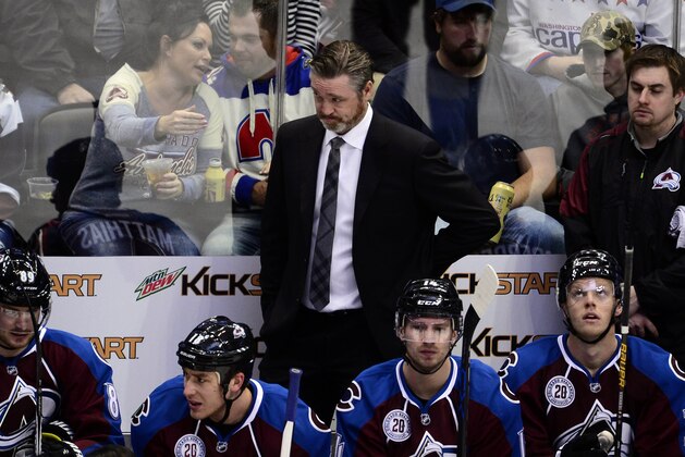 Apr 1, 2016; Denver, CO, USA; Colorado Avalanche head coach Patrick Roy on his bench in the third period against the Washington Capitals at the Pepsi Center. The Capitals defeated the Avalanche 4-2. Mandatory Credit: Ron Chenoy-USA TODAY Sports