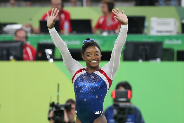 RIO DE JANEIRO, BRAZIL - AUGUST 11: Simone Biles of USA competes in the Women's Individual All-Around Final on day 6 of the Rio 2016 Olympic Games at Rio Olympic Arena on August 11, 2016 in Rio de Janeiro, Brazil. (Photo by Jean Catuffe/Getty Images)