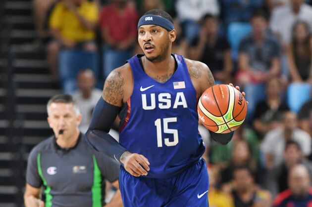 RIO DE JANEIRO, BRAZIL - AUGUST 6:  Carmelo Anthony #15 of the USA Basketball Men's National Team handles the ball against China on Day 1 of the Rio 2016 Olympic Games at Carioca Arena 1 on August 6, 2016 in Rio de Janeiro, Brazil. NOTE TO USER: User expressly acknowledges and agrees that, by downloading and/or using this Photograph, user is consenting to the terms and conditions of the Getty Images License Agreement. Mandatory Copyright Notice: Copyright 2016 NBAE (Photo by Garrett Ellwood/NBAE via Getty Images)