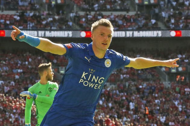 Leicester's Jamie Vardy celebrates after scoring during the Community Shield soccer match between Leicester and Manchester United at Wembley stadium in London, Sunday, Aug. 7, 2016 . (AP Photo/Frank Augstein)