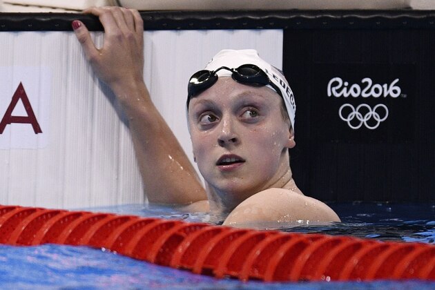 USA's Katie Ledecky looks on after competing in a Women's 800m Freestyle heat during the swimming event at the Rio 2016 Olympic Games at the Olympic Aquatics Stadium in Rio de Janeiro on August 11, 2016.   / AFP / Martin BUREAU        (Photo credit should read MARTIN BUREAU/AFP/Getty Images)