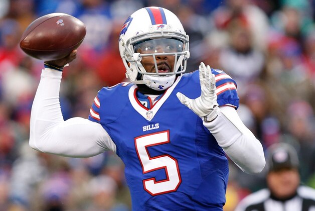 Jan 3, 2016; Orchard Park, NY, USA; Buffalo Bills quarterback Tyrod Taylor (5) during the game against the New York Jets at Ralph Wilson Stadium. Mandatory Credit: Kevin Hoffman-USA TODAY Sports