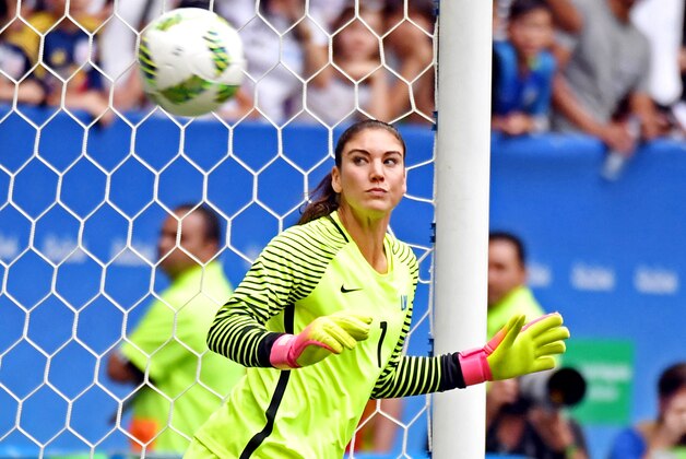 Aug 12, 2016; Brasilia, Brazil; United States goalkeeper Hope Solo (1) allows a goal during penalty kicks against Sweden during the women's football quarterfinals in the Rio 2016 Summer Olympic Games at Estadio Nacional Mane Garrincha. Mandatory Credit: Christopher Hanewinckel-USA TODAY Sports