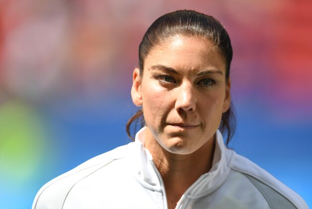 Aug 12, 2016; Brasilia, Brazil; United States goalkeeper Hope Solo (1) warms up for the game against Sweden during the women's team quarterfinal in the Rio 2016 Summer Olympic Games at Estadio Nacional Mane Garrincha. Mandatory Credit: Christopher Hanewinckel-USA TODAY Sports