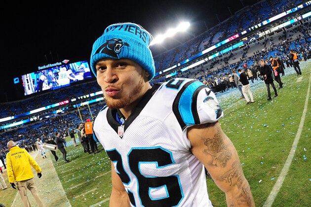 CHARLOTTE, NC - JANUARY 24: Cortland Finnegan #26 of the Carolina Panthers celebrates after the NFC Championship Game against the Arizona Cardinals at Bank Of America Stadium on January 24, 2016 in Charlotte, North Carolina. (Photo by Scott Cunningham/Getty Images)
