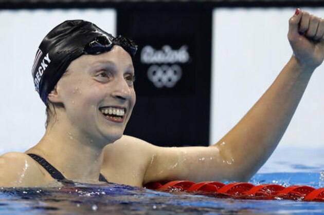 United States' Katie Ledecky celebrates after the women's 800-meter freestyle final during the swimming competitions at the 2016 Summer Olympics, Friday, Aug. 12, 2016, in Rio de Janeiro, Brazil. (AP Photo/Michael Sohn)