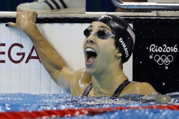 United States' Maya DiRado celebrates after winning the gold medal in the women's 200-meter backstroke final during the swimming competitions at the 2016 Summer Olympics, Friday, Aug. 12, 2016, in Rio de Janeiro, Brazil. (AP Photo/Michael Sohn)