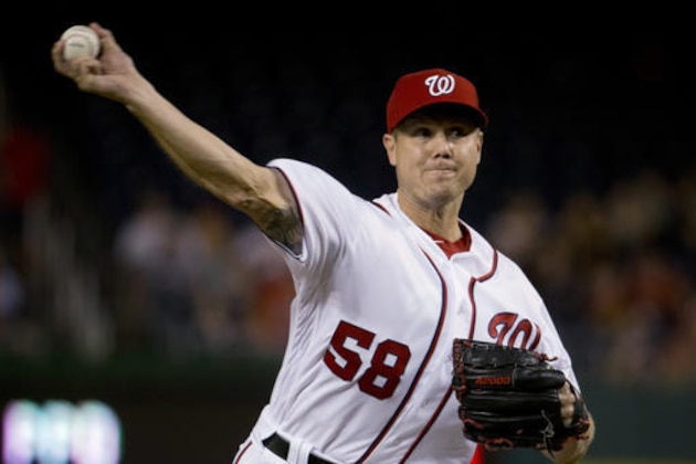 Washington Nationals' reliever Jonathan Papelbon delivers a pitch against the St. Louis Cardinals during the ninth inning of a baseball game at Nationals Park, Thursday, May 26, 2016, in Washington. The Nationals won 2-1. (AP Photo/Pablo Martinez Monsivais)