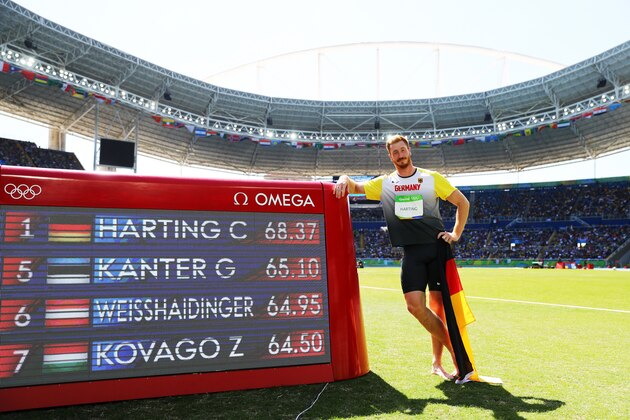 RIO DE JANEIRO, BRAZIL - AUGUST 13: Christoph Harting of Germany celebrates winning the Men's Discus Throw Final on Day 8 of the Rio 2016 Olympic Games at the Olympic Stadium on August 13, 2016 in Rio de Janeiro, Brazil. (Photo by Ian Walton/Getty Images) RIO DE JANEIRO, BRAZIL - AUGUST 13: Christoph Harting of Germany celebrates winning the Men's Discus Throw Final on Day 8 of the Rio 2016 Olympic Games at the Olympic Stadium on August 13, 2016 in Rio de Janeiro, Brazil. (Photo by Ian Walton/Getty Images)