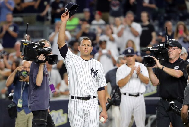 Aug 12, 2016; Bronx, NY, USA;  New York Yankees designated hitter Alex Rodriguez (13) tips his cap in a farewell gesture to the fans after the game against the Tampa Bay Rays at Yankee Stadium. New York Yankees won 6-3. Mandatory Credit: Anthony Gruppuso-USA TODAY Sports