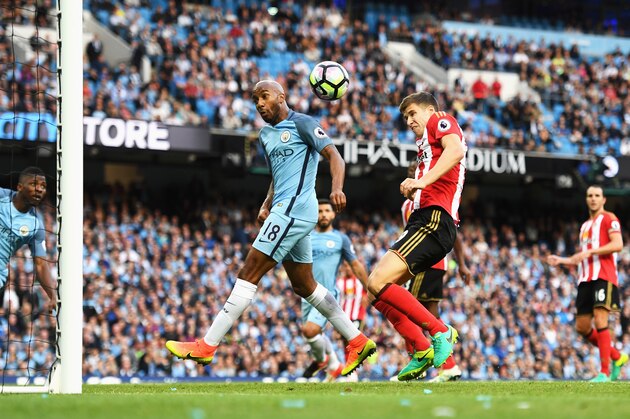 MANCHESTER, ENGLAND - AUGUST 13: Paddy McNair of Sunderland scores a own goal for Manchester City's second goal during the Premier League match between Manchester City and Sunderland at Etihad Stadium on August 13, 2016 in Manchester, England.  (Photo by Stu Forster/Getty Images)