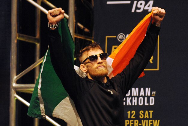 December 11, 2015; Las Vegas, NV, USA; Conor McGregor enters the stage before his weigh-in for UFC 194 at MGM Grand Garden Arena. Mandatory Credit: Gary A. Vasquez-USA TODAY Sports