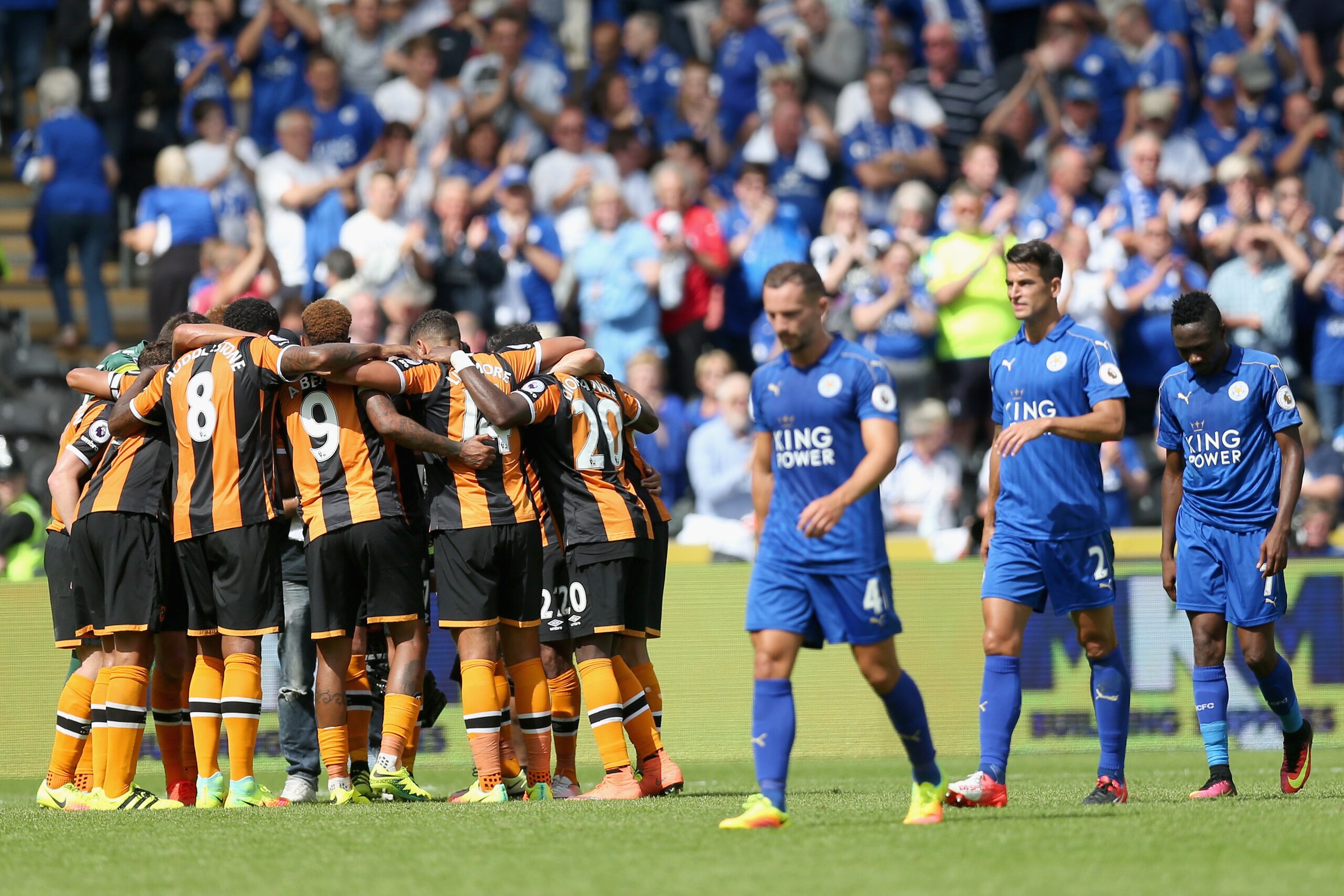 HULL, ENGLAND - AUGUST 13: Hull City players create a huddle after the final whistle while the Leicester City players show dejection during the Premier League match between Hull City and Leicester City at KCOM Stadium on August 13, 2016 in Hull, England. (Photo by Alex Morton/Getty Images) HULL, ENGLAND - AUGUST 13: Hull City players create a huddle after the final whistle while the Leicester City players show dejection during the Premier League match between Hull City and Leicester City at KCOM Stadium on August 13, 2016 in Hull, England. (Photo by Alex Morton/Getty Images)