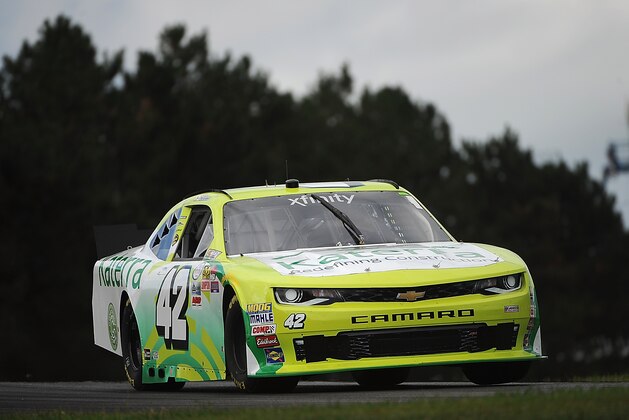 LEXINGTON, OH - AUGUST 12:  Justin Marks, driver of the #42 Katerra Chevrolet, on track during practice for the NASCAR XFINITY Series 4th Annual Mid-Ohio Challenge at Mid-Ohio Sports Car Course on August 12, 2016 in Lexington, Ohio.  (Photo by Jonathan Moore/Getty Images)