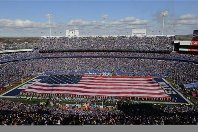 Fans watch the opening ceremony before an NFL football game between the Buffalo Bills and the Miami Dolphins at Ralph Wilson Stadium, Sunday, Nov. 8, 2015, in Orchard Park, N.Y. (AP Photo/Frank Franklin II)