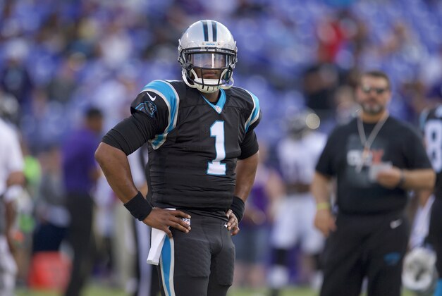 Aug 11, 2016; Baltimore, MD, USA;  Carolina Panthers quarterback Cam Newton (1) before a preseason game against the Baltimore Ravens at M&T Bank Stadium. Mandatory Credit: Rafael Suanes-USA TODAY Sports