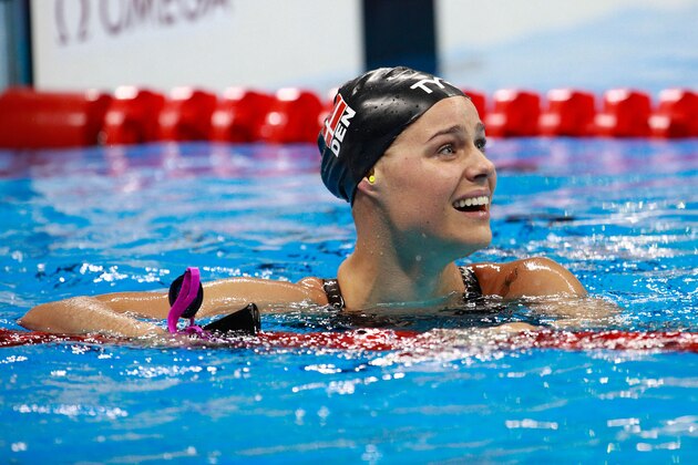 RIO DE JANEIRO, BRAZIL - AUGUST 13:  Pernille Blume of Denmark celebrates winning gold in the Women's 50m Freestyle Final on Day 8 of the Rio 2016 Olympic Games at the Olympic Aquatics Stadium on August 13, 2016 in Rio de Janeiro, Brazil.  (Photo by Adam Pretty/Getty Images)