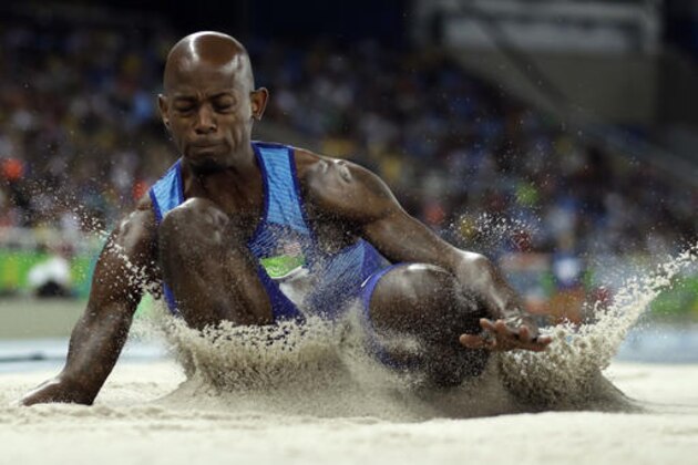 United States' Jeff Henderson makes an attempt in the men's long jump final during the athletics competitions of the 2016 Summer Olympics at the Olympic stadium in Rio de Janeiro, Brazil, Saturday, Aug. 13, 2016. (AP Photo/Matt Dunham)