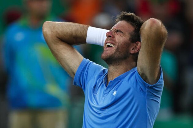 Juan Martin del Potro of Argentina celebrates defeating Spain's Rafael Nadal in the semifinals of the men's singles tennis competition at the 2016 Summer Olympics in Rio de Janeiro, Brazil, Saturday, Aug. 13, 2016. (AP Photo/Vadim Ghirda)