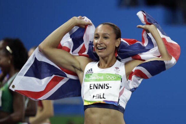 Britain's silver medal winner Jessica Ennis-Hill celebrates with the British flag after the heptathlon during the athletics competitions of the 2016 Summer Olympics at the Olympic stadium in Rio de Janeiro, Brazil, Saturday, Aug. 13, 2016. (AP Photo/Matt Dunham)