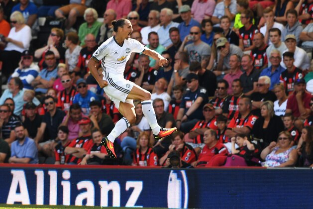 BOURNEMOUTH, ENGLAND - AUGUST 14:  Zlatan Ibrahimovic of Manchester United celebrates scoring his team's third goal during the Premier League match between AFC Bournemouth and Manchester United at Vitality Stadium on August 14, 2016 in Bournemouth, England.  (Photo by Stu Forster/Getty Images)
