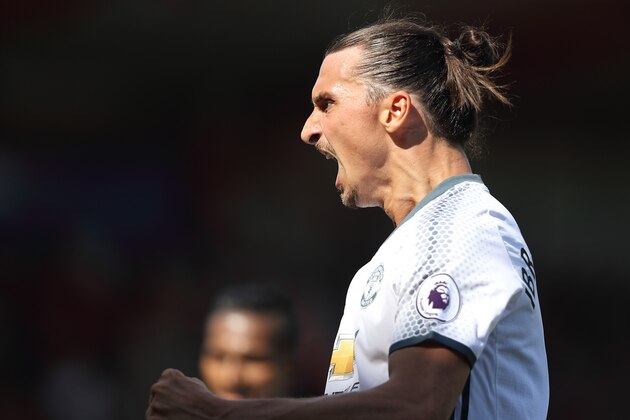 MANCHESTER, ENGLAND - AUGUST 13: Zlatan Ibrahimovic of Manchester United celebrates after scoring a goal to make it 0-3 during the Premier League match between Manchester City and Sunderland at Etihad Stadium on August 13, 2016 in Manchester, England. (Photo by Matthew Ashton - AMA/Getty Images)