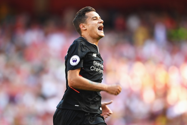 LONDON, ENGLAND - AUGUST 14:  Philippe Coutinho of Liverpool celebrates scoring his free kick during the Premier League match between Arsenal and Liverpool at Emirates Stadium on August 14, 2016 in London, England.  (Photo by Mike Hewitt/Getty Images)